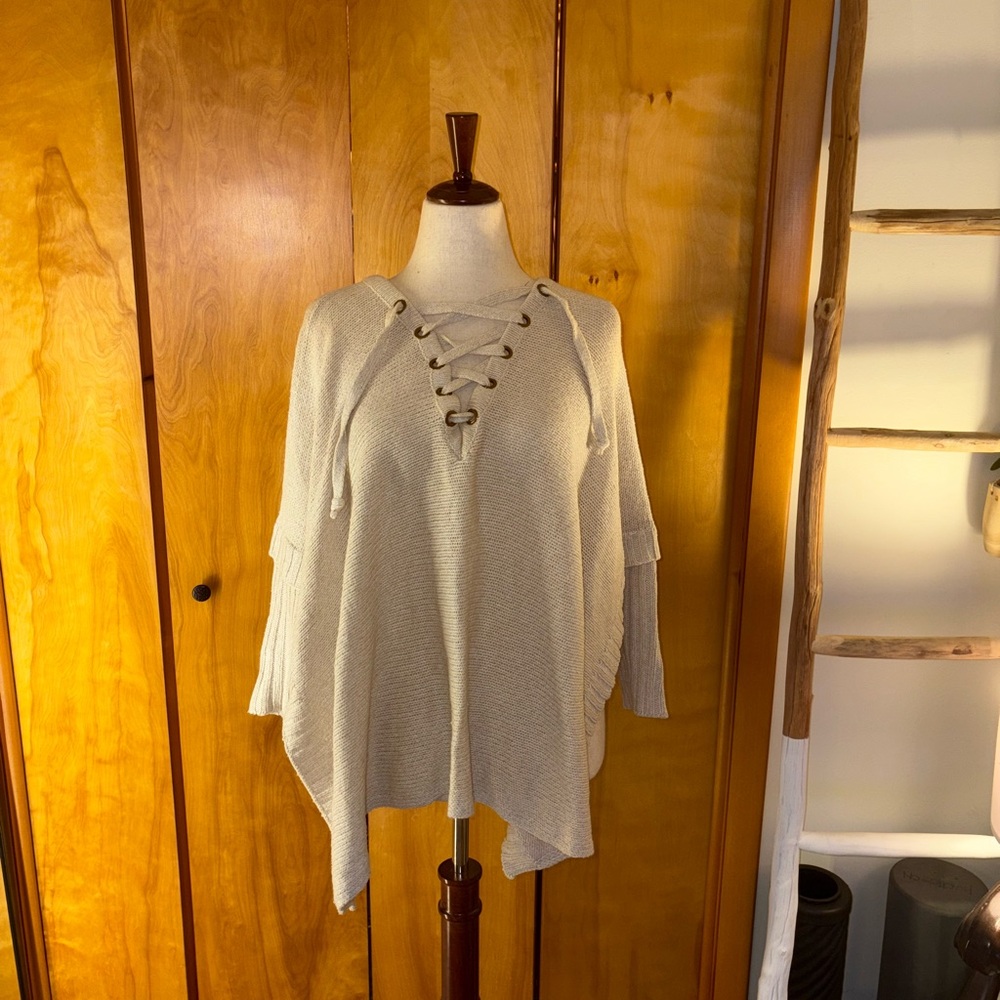 Lace-Up Cream Sweater/Poncho